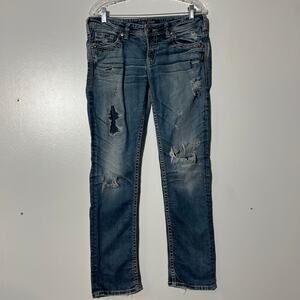 SILVER Aiko Baby Boot Western Glove Distressed Washed Blue Denim Jeans Womens 29